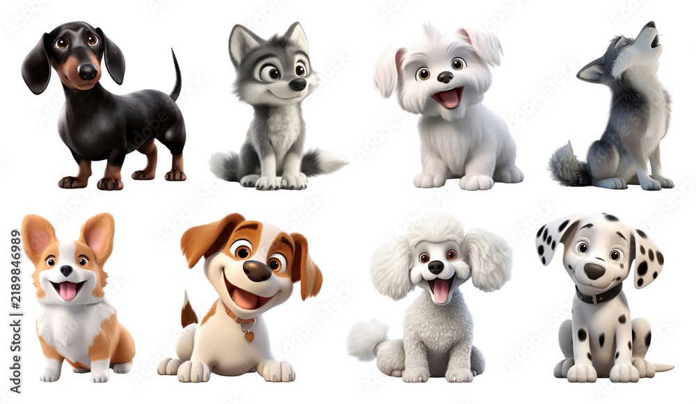 Fototapeta premium PNG Cute cartoon puppies in various playful poses, transparent background