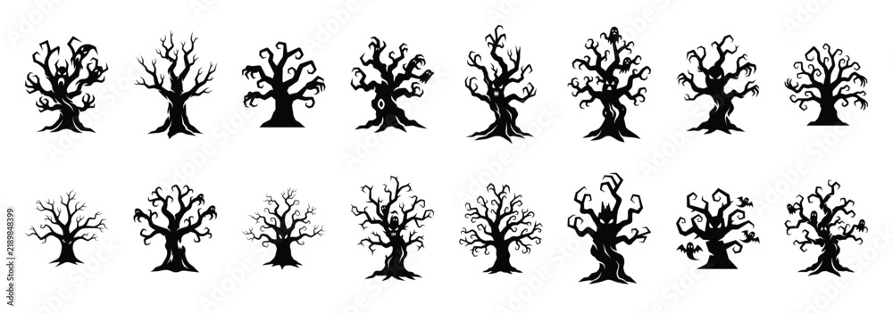 Fototapeta premium Collection of halloween haunted tree silhouette vector illustration icon set. Halloween collection silhouette celebration icons.