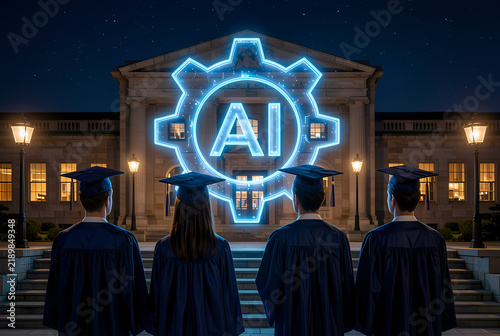 Graduates stand before a university building under a starry night with a glowing AI gear.