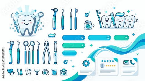 Dental clinic website UI vector elements set, cute teeth characters, dentistry tools, and oral care icons