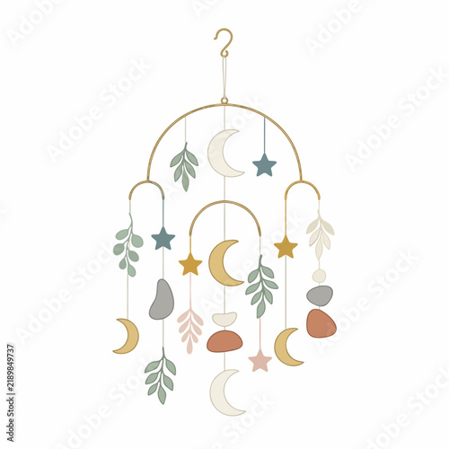 Boho nursery crib mobile with moon, stars and leaves vector illustration, cute baby shower hanging decoration