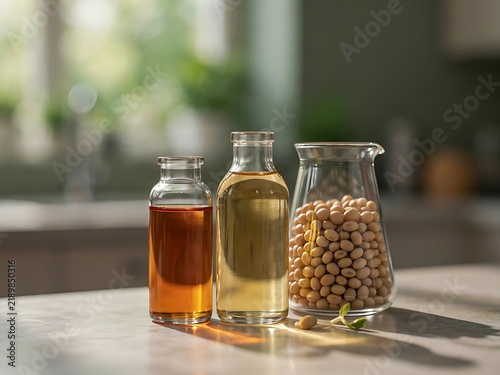Glass bottles with golden soy oil and fresh soybeans standing on a kitchen table