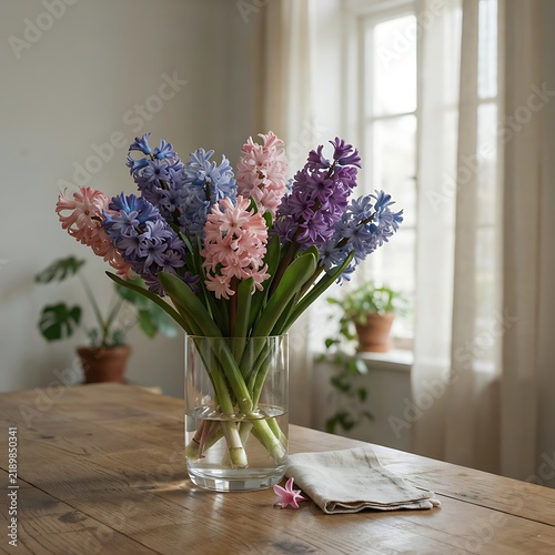 A vibrant bouquet of colorful hyacinth flowers arranged in a glass vase on a wooden table