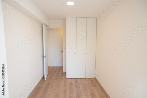 Empty Room with Closet: A clean, modern empty room features a built-in white closet and light wood flooring, with an open door revealing a glimpse into a hallway.