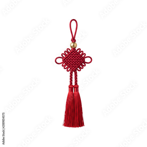 Traditional Red Chinese Knot Ornament Isolated with Golden Bead, Decorative Woven Pattern and Long Tassels for Lunar New Year