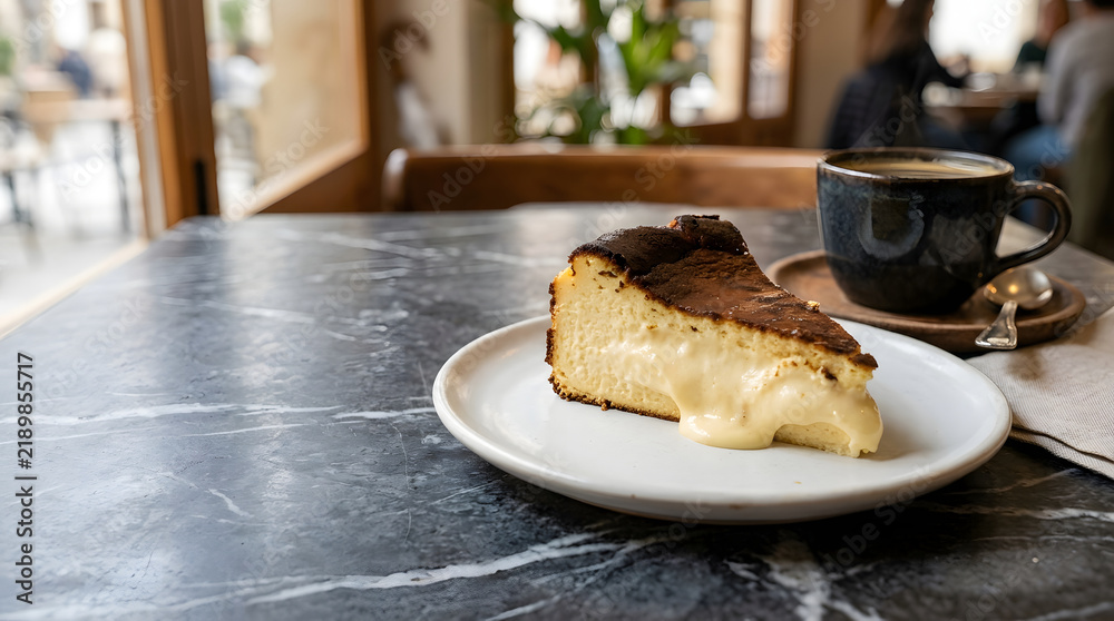 Obraz premium San Sebastian Burnt Cheesecake Slice with Coffee