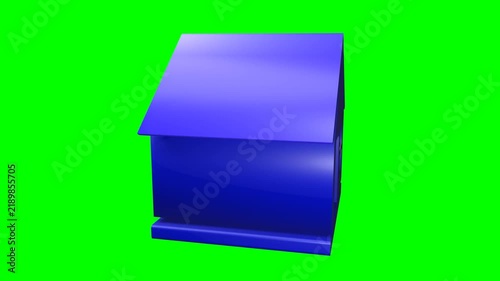Seamless 3D house logo spinning isolated on green screen. A 3D motion graphic animation of a modern house logo continuously rotating in a seamless loop against a solid green screen backdrop.