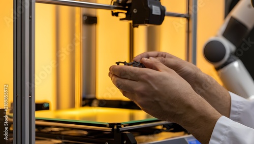 Futuristic Lab Researcher Examining Freshly Printed Part Beside 3D Printer Photo