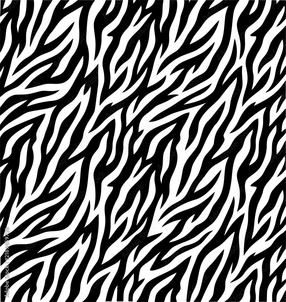 Fototapeta premium Zebra print seamless pattern vector. Features black and white animal skin stripes texture. Trendy monochrome textile design for fashion fabric, wallpaper, and apparel decoration.