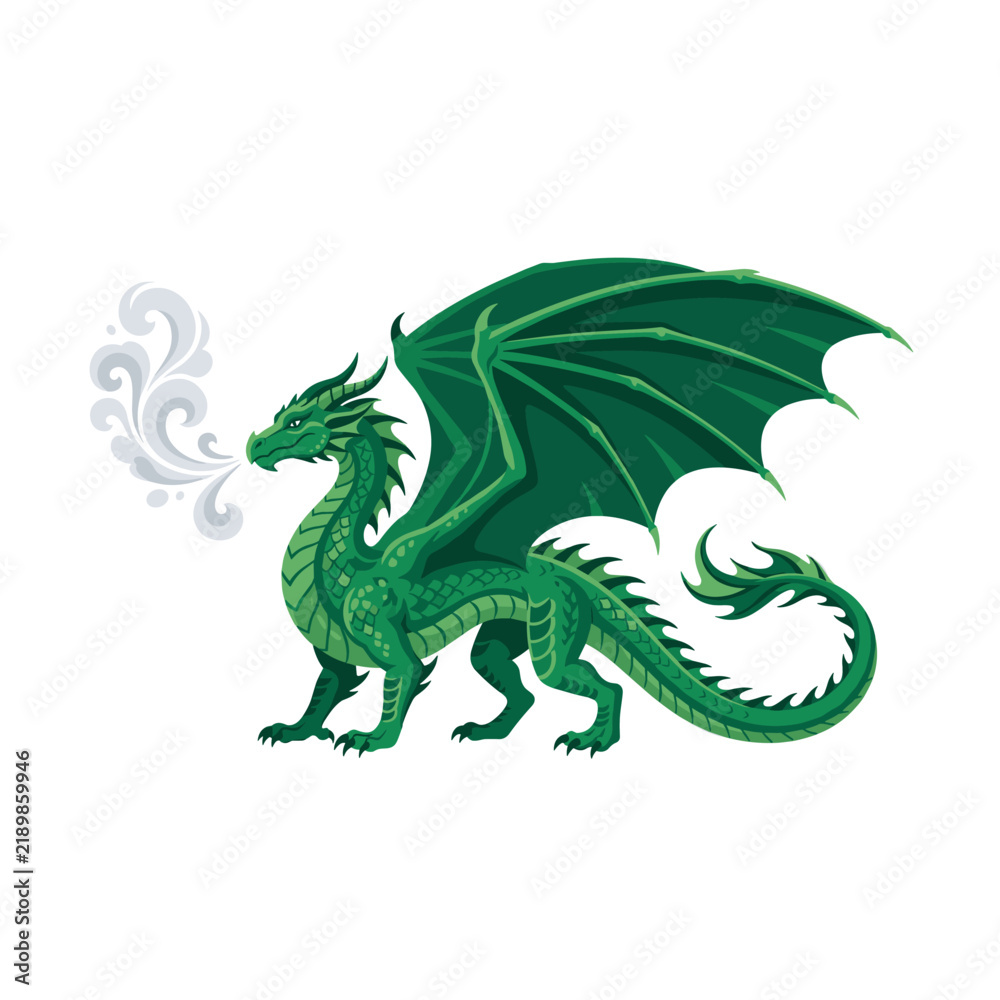 Obraz premium Green dragon illustration with wings spread, exhaling stylized smoke, flat design on white background