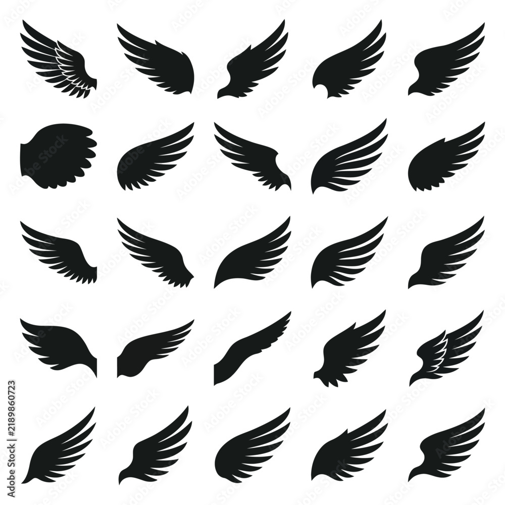 Fototapeta premium Vector Collection of Wing Silhouettes, Bird and Angel Wings Icons Set on White Background
