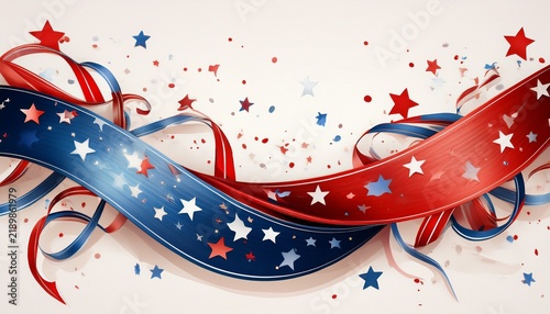 Abstract Patriotic Ribbons With Stars And Confetti Isolated On White Background