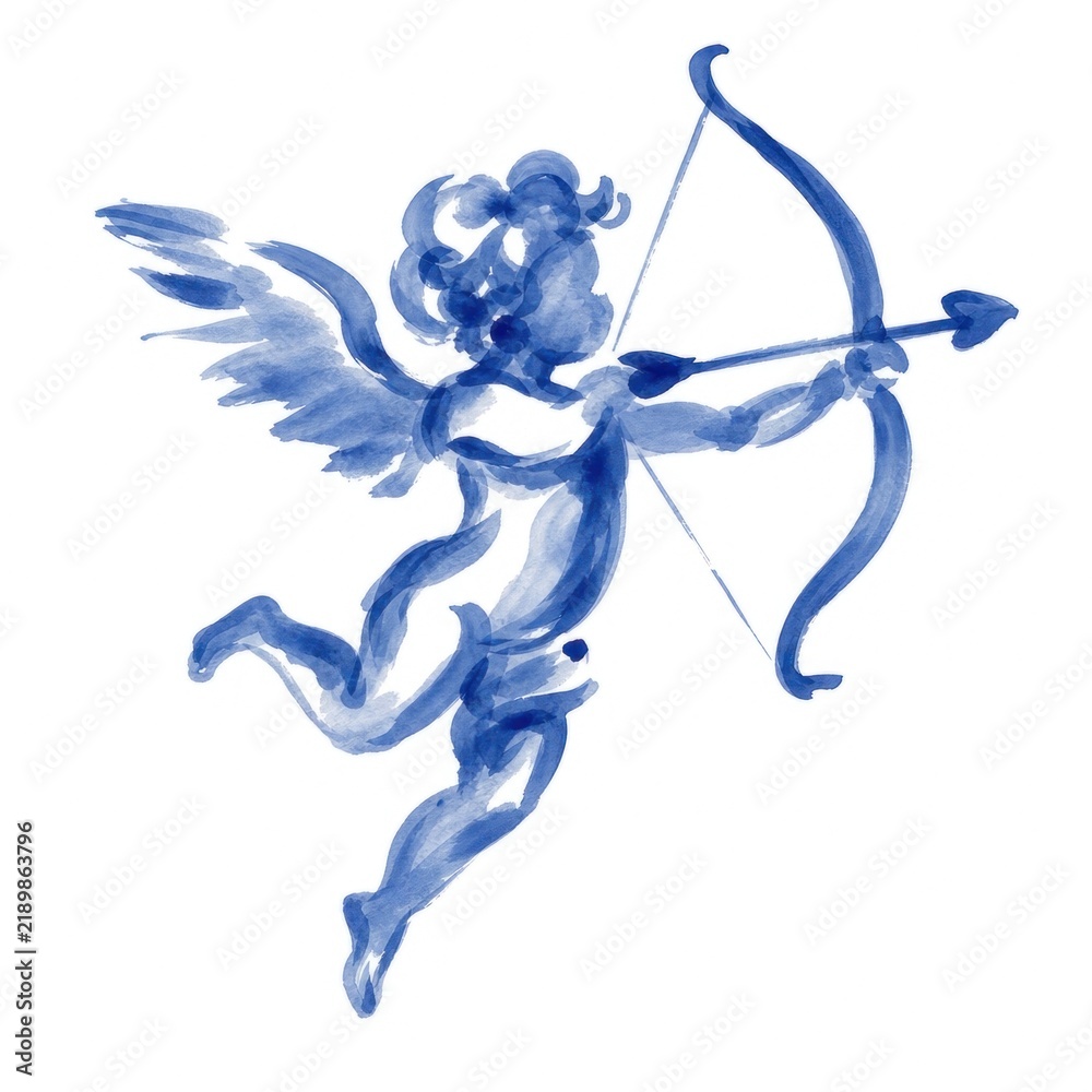 Fototapeta premium Blue watercolor cupid with bow and arrow in hand-painted style