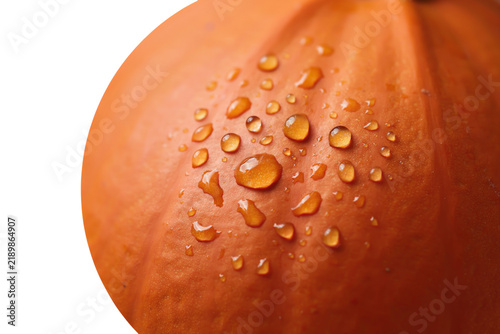 Macro Close Up of Fresh Orange Pumpkin Skin with Water Dew Drops Isolated on transparent background
