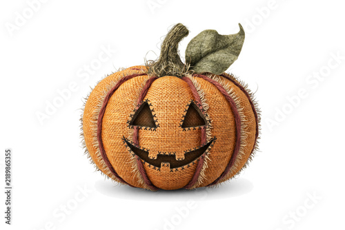 Rustic Handmade Burlap Jack-o'-Lantern Pumpkin with Stitched Smile Isolated on transparent background