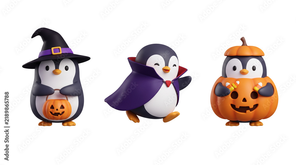 Obraz premium 3D Halloween Penguin Character Set, Witch Hat Vampire Cape Pumpkin Costume Cute Cartoon, Transparent Background PNG