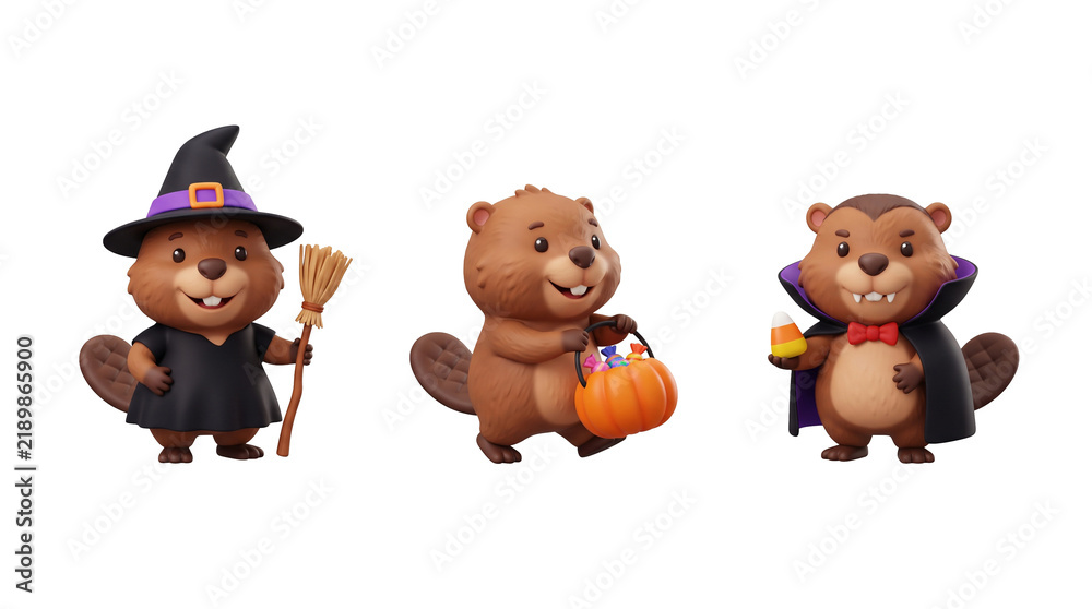 Fototapeta premium 3D Halloween Beaver Character Set, Witch Hat Broom Pumpkin Bucket Cute Cartoon, Transparent Background PNG