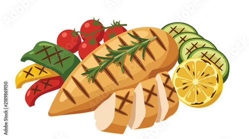 Grilled chicken breast with roasted vegetables in modern vector illustration for healthy meal planning and restaurant menu design