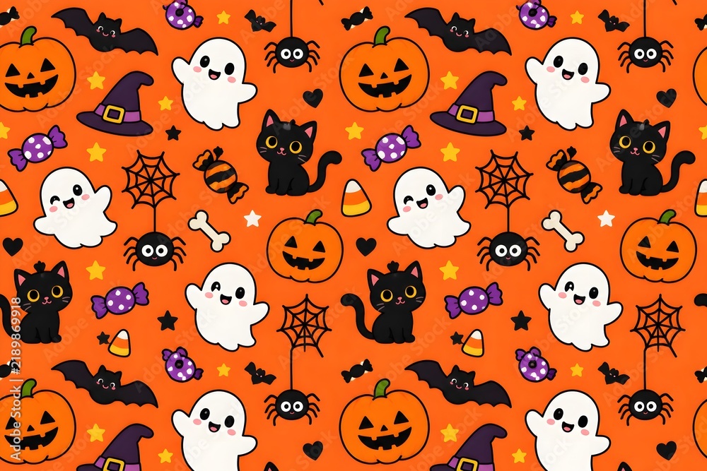 Obraz premium Cute Halloween Seamless Pattern with Pumpkins, Ghosts, Black Cats, Bats, Spiders and Candy on Orange Background. 