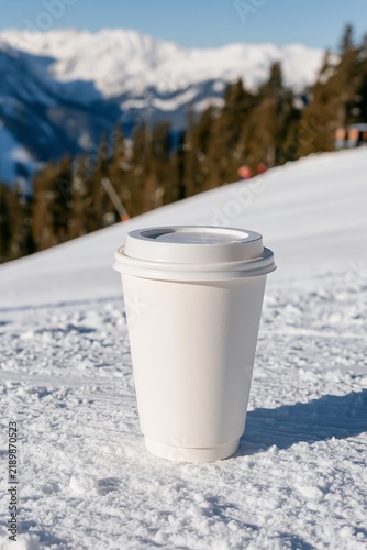 Blank white takeaway coffee cup standing in fresh snow at a sunny mountain ski resort with snowy peaks in the background