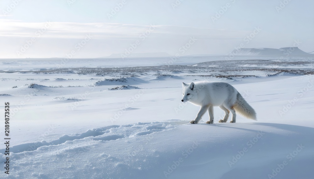 Obraz premium Arctic fox walking through snowy tundra landscape