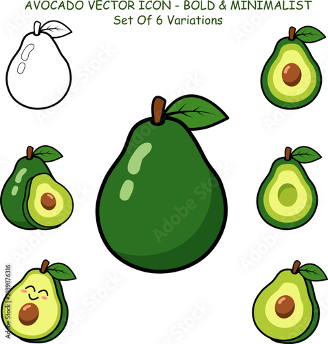 Flat Design Avocado Icons, Minimalist Healthy Superfood Vector Collection with Cute Kawaii Character