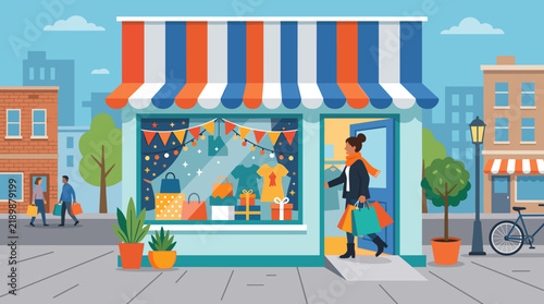 Vibrant Street Scene: A charming storefront with colorful awning and festive decorations draws customers into a world of retail delight. A shopper with bags exits the store.