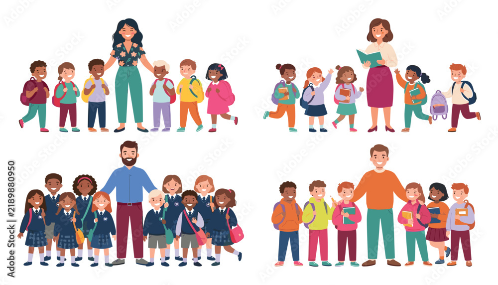 Fototapeta premium Back to school vector collection featuring diverse children elementary students group standing with male and female teachers holding backpacks.