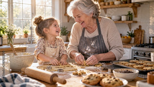 Grandmother and Granddaughter Baking Cookies Together in Sunny Kitchen
