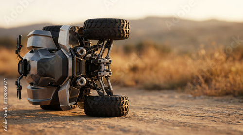 futuristic metal atv quad flipped on its side after accident golden hour crash wreck photorealistic wide angle