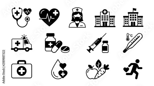 Medical emergency and healthcare professional icons.
