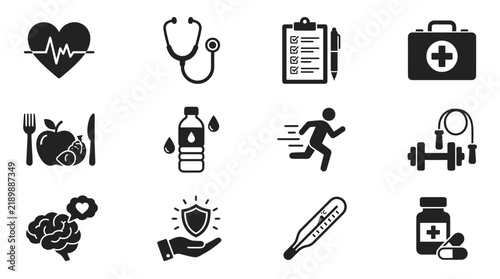 Health fitness and clinical care icons.