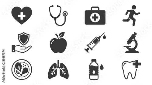 Health medical equipment and nutrition black icons.