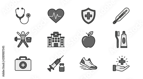 Medical and healthcare services gray scale icon collection.