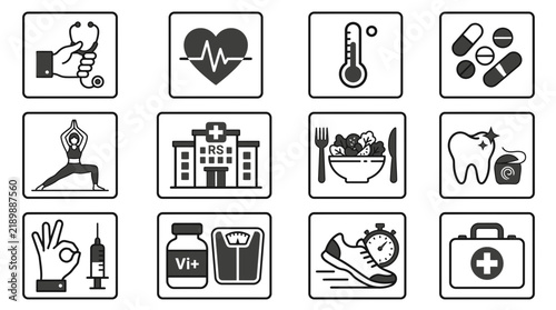 Medical and healthy lifestyle square framed black icons.