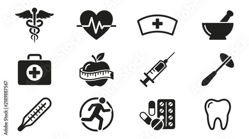 Medical and healthy lifestyle silhouette icon collection.