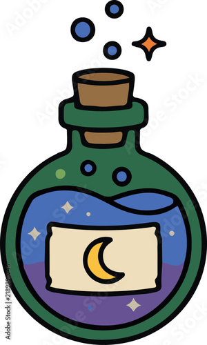 Canvastavla Glass potion flask filled with turquoise magic elixir and cork stopper