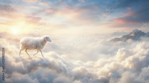 A white-haired sheep walks across fluffy clouds in a dreamlike sky at sunrise, surrounded by golden light and distant mountains, evoking spiritual and surreal themes