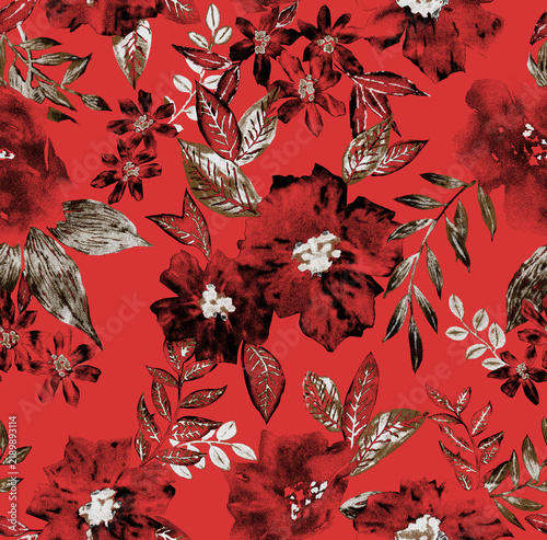 Dramatic floral seamless pattern with textured charcoal sketches of flowers and organic leaves on a vibrant red background