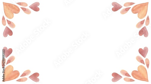 Watercolor heart leaf corner borders in warm peachy and dusty rose tones on white background