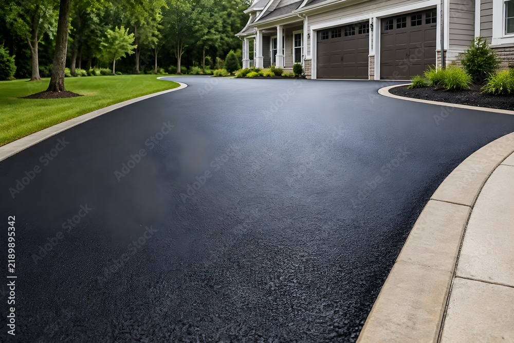 Obraz premium Freshly finished asphalt driveway with smooth dark surface crisp edges completed curb transition professional work