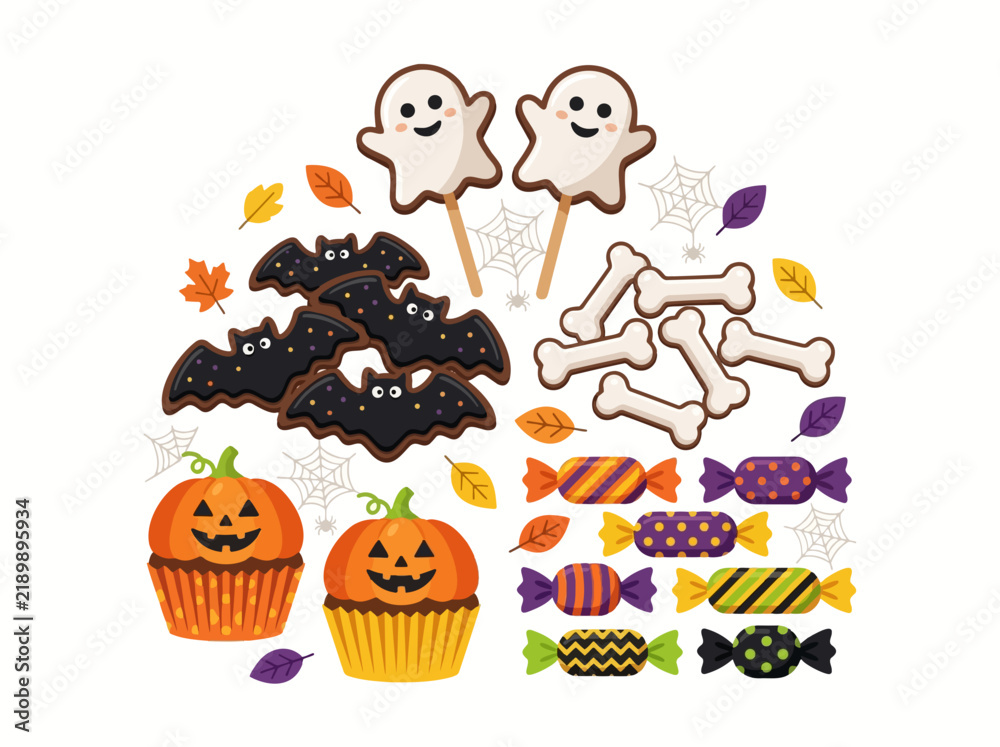 Fototapeta premium Flat 2D vector illustration featuring an organized collection of traditional Halloween objects: carved pumpkin, bat, black cat, witch's hat, broomstick, cauldron, potion bottle, spiderweb, bon