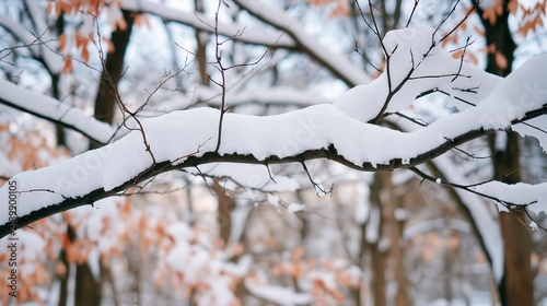 A tree branch is covered with thick, soft snow during a winter season.