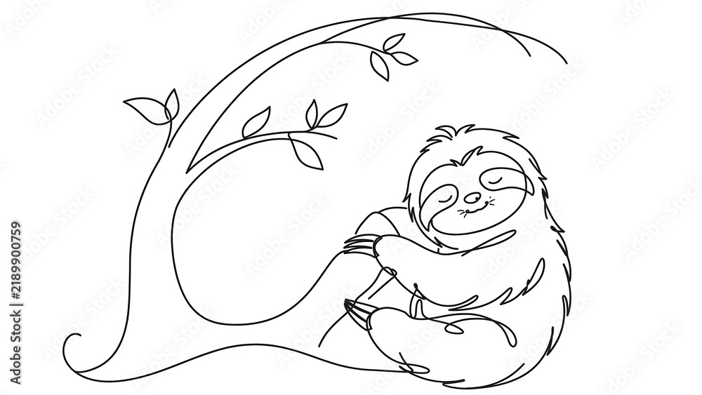 Fototapeta premium Sloth hanging white background smiling.