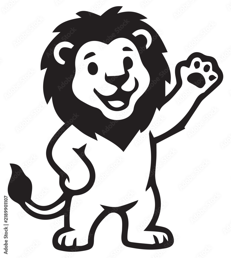 Fototapeta premium A friendly cartoon lion character waving hello isolated on a white background perfect for children books and educational graphic design projects
