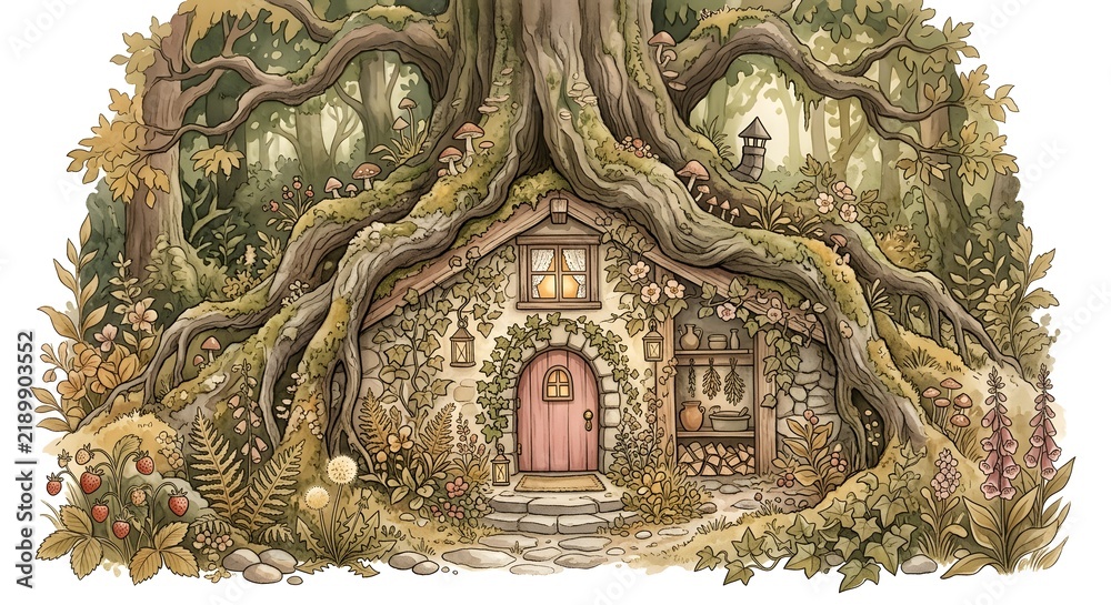 Fototapeta premium Charming Small Cottage Built Into Old Tree Roots With Pink Door And Lush Forest Foliage Background
