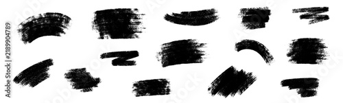 Hand drawn distressed rolled ink stamp brush stroke set with heavy black dry paint swatch highlight smudge, grunge charcoal texture mark collection, vector illustration for poster background