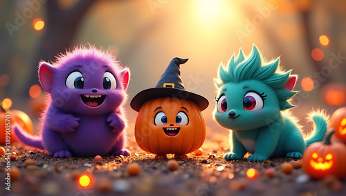 Cute little fuzzy monsters and a pumpkin in halloween costume sitting outdoors