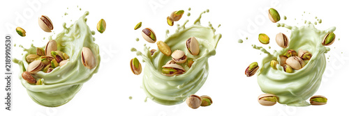 Set of Dramatic frozen milk splash with a handful of green pistachios at the center on transparent png background. Ai generated