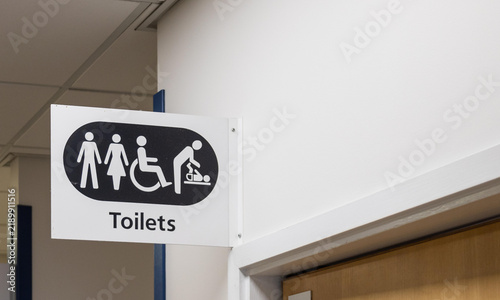 Public Restroom Signage Indicating Accessible Facilities and Baby Changing Stations for All Genders